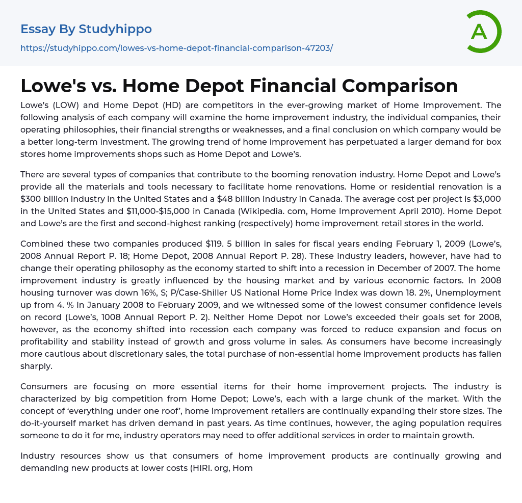 Lowe’s vs. Home Depot Financial Comparison Essay Example