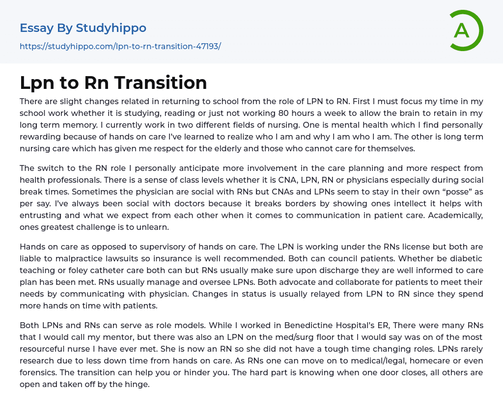 Lpn to Rn Transition Essay Example