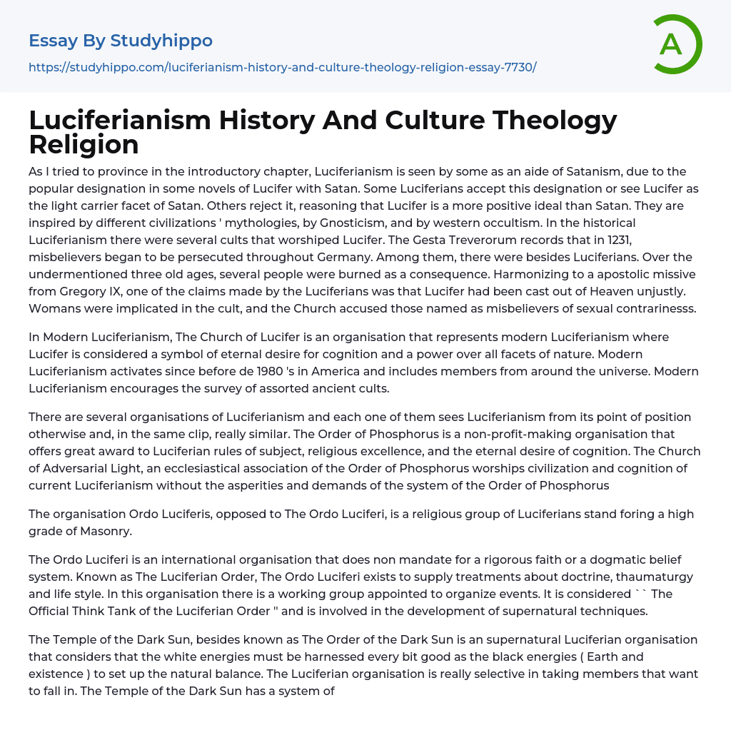 Luciferianism History And Culture Theology Religion Essay Example
