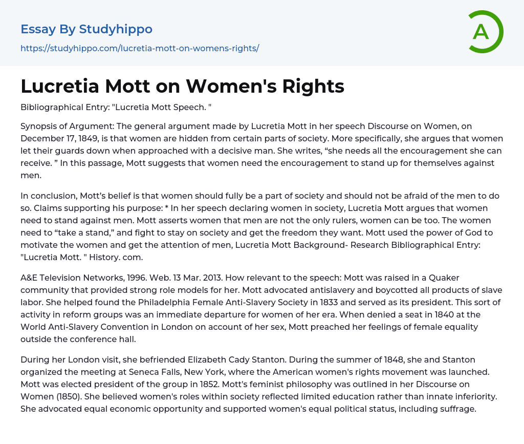 Lucretia Mott on Women’s Rights Essay Example
