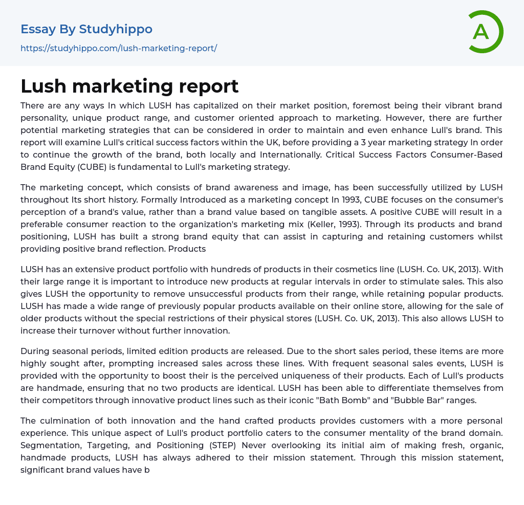 Lush marketing report Essay Example