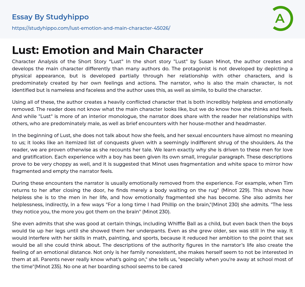Lust: Emotion and Main Character Essay Example
