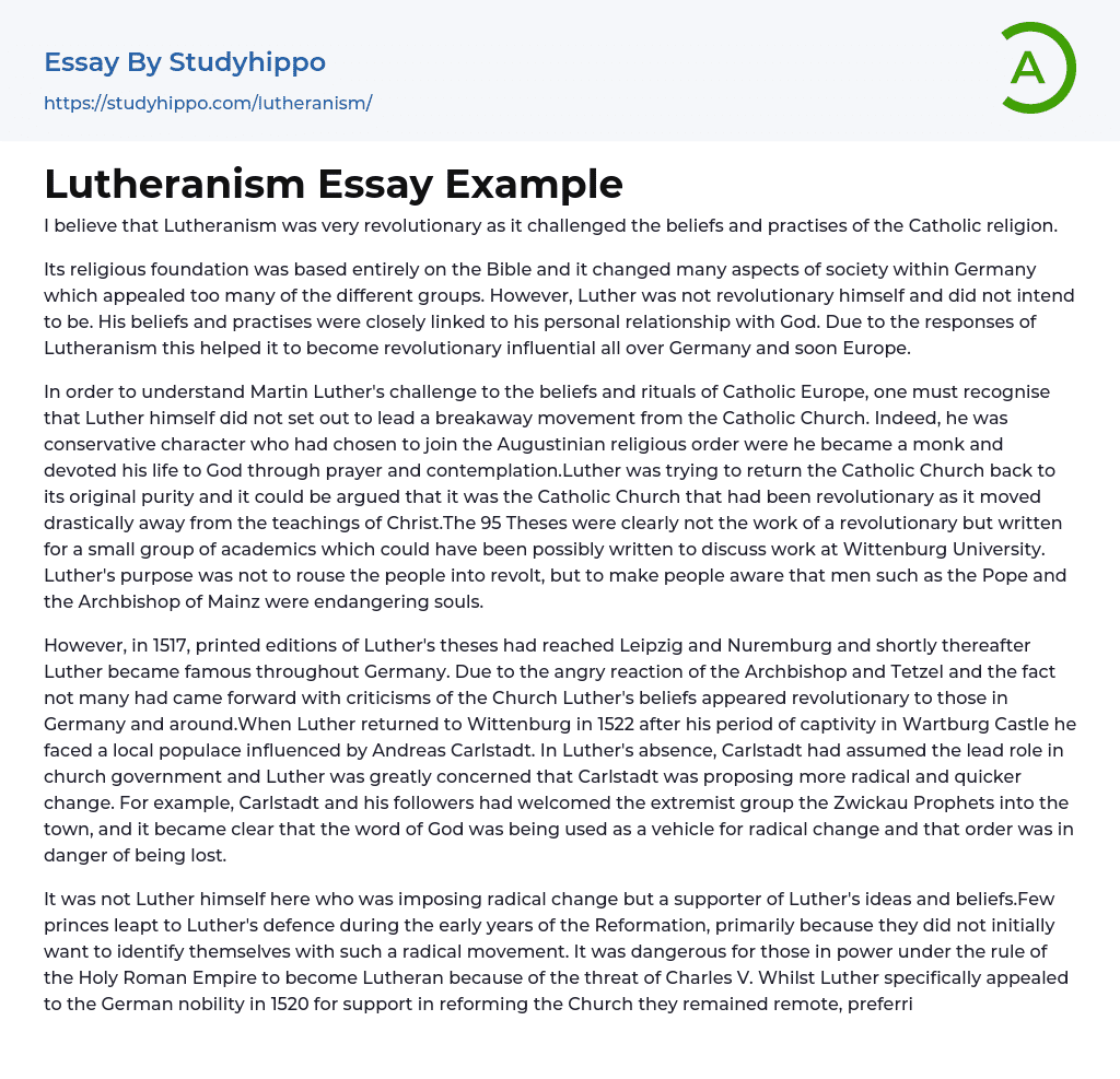 Lutheranism Essay Example