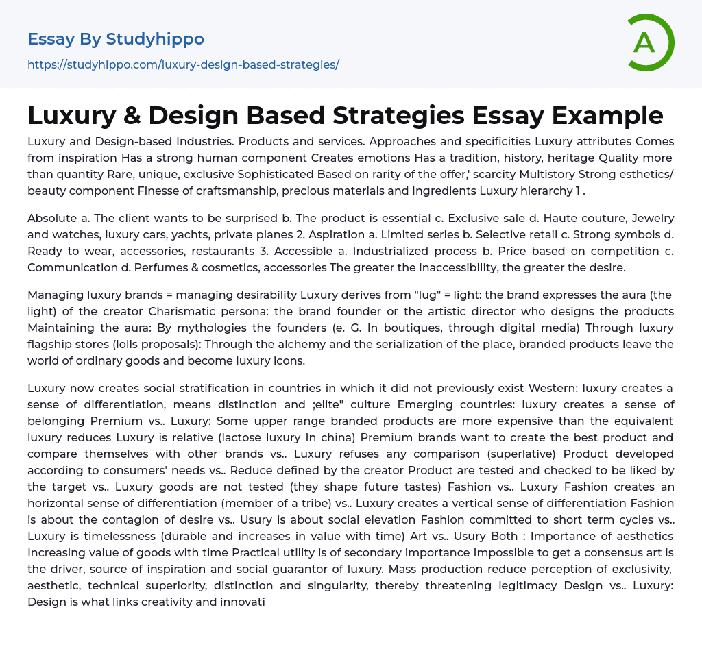 Luxury & Design Based Strategies Essay Example