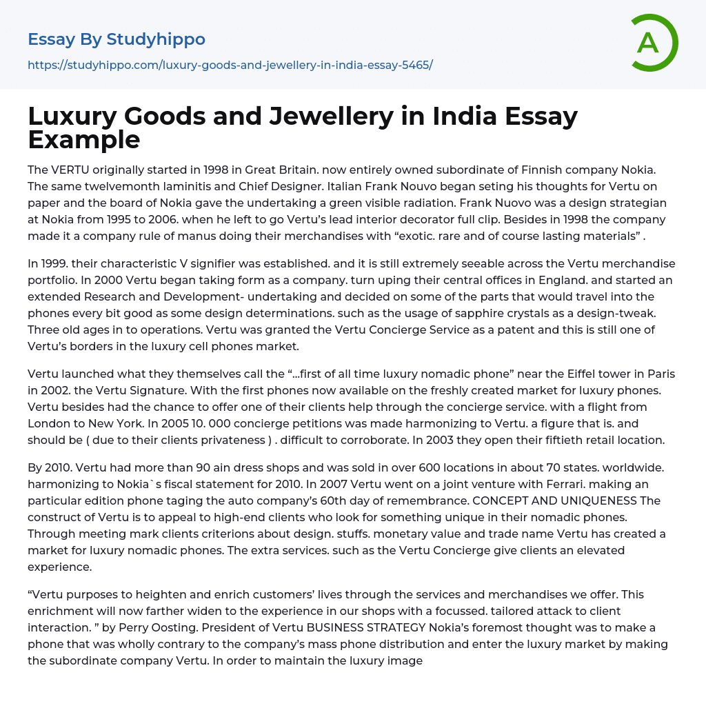 Luxury Goods and Jewellery in India Essay Example