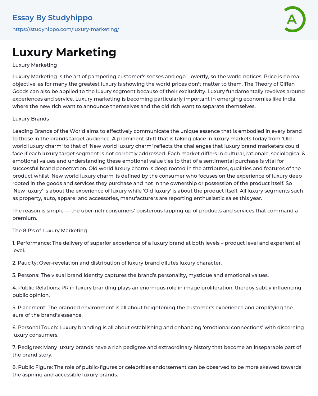 Luxury Marketing Essay Example