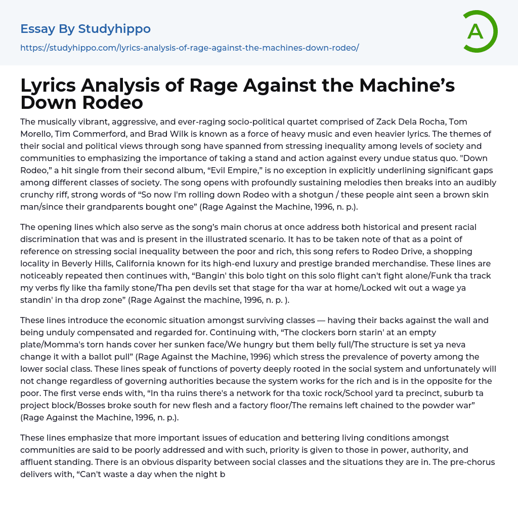 Lyrics Analysis of Rage Against the Machine’s Down Rodeo Essay Example
