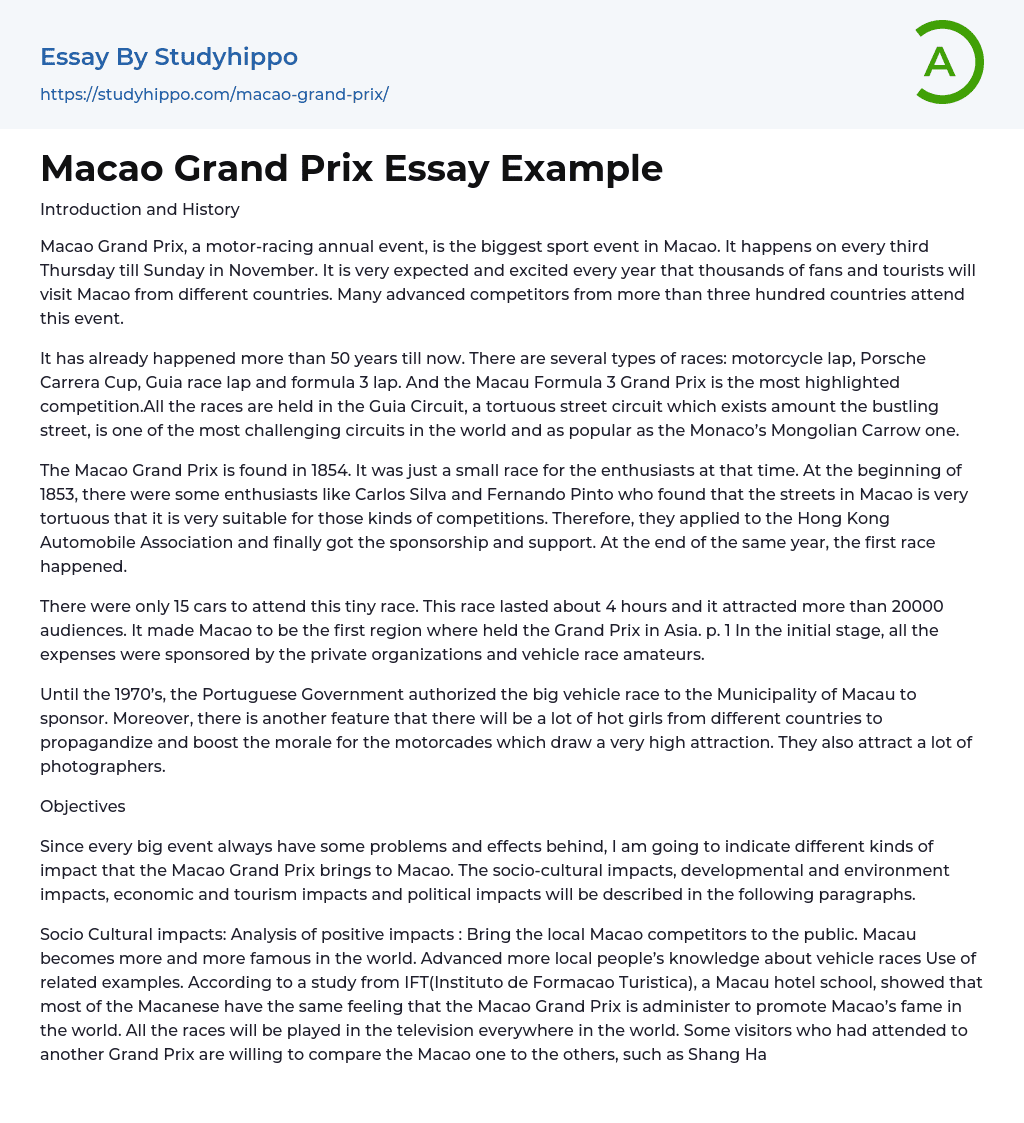 Macao Grand Prix Essay Example