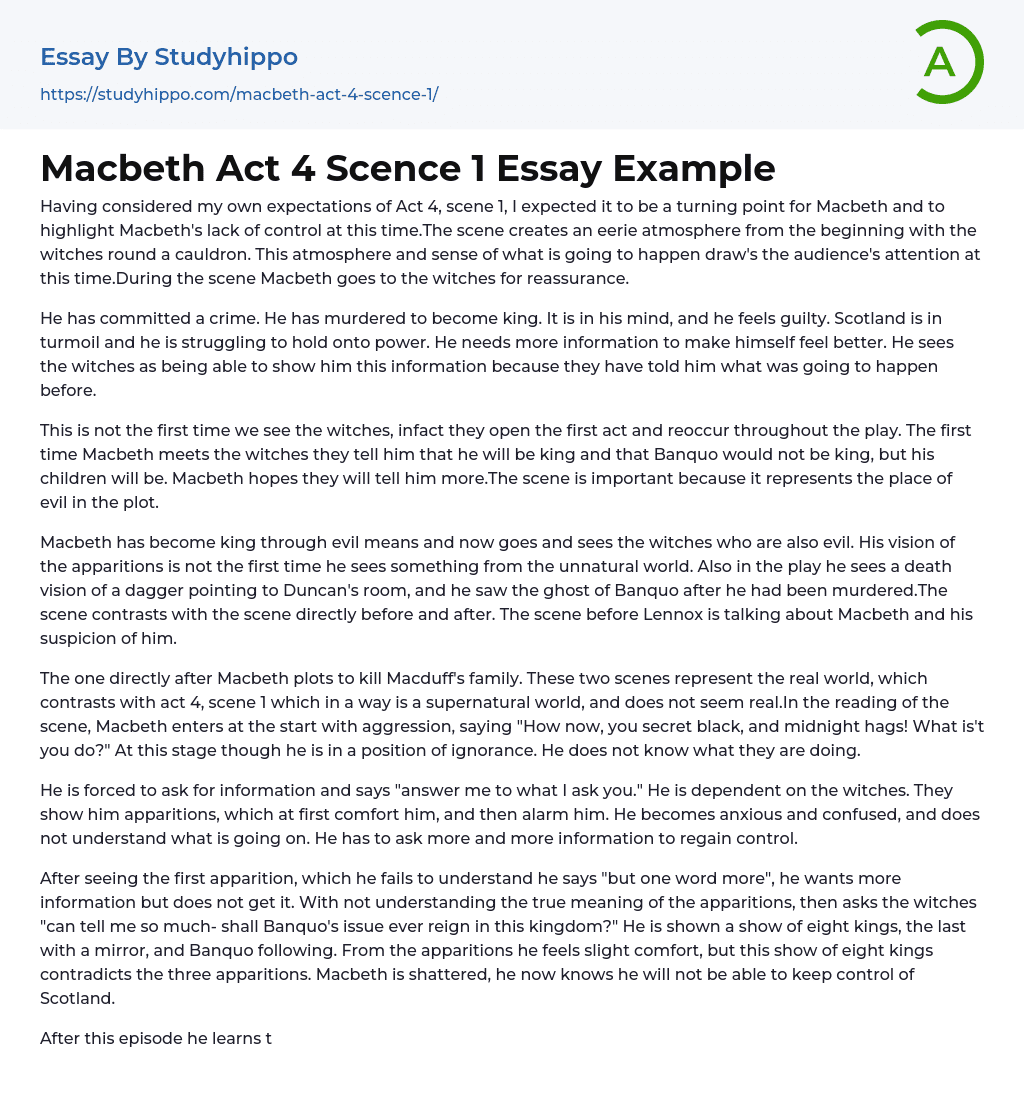 Macbeth Act 4 Scence 1 Essay Example