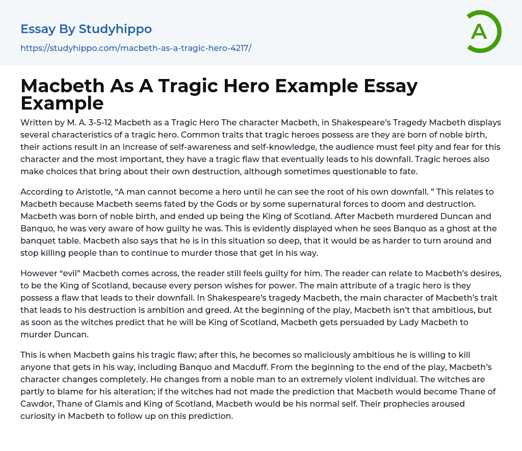 Macbeth As A Tragic Hero Example Essay Example