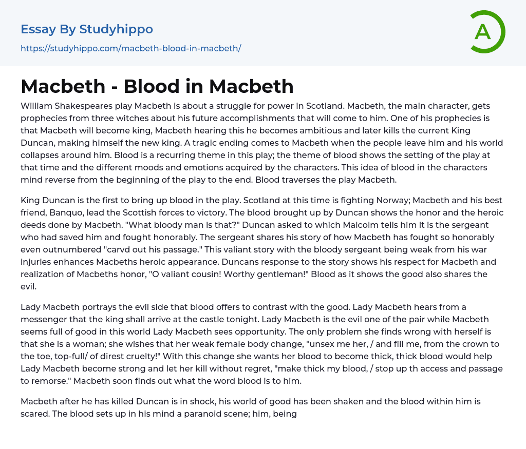 Macbeth – Blood in Macbeth Essay Example