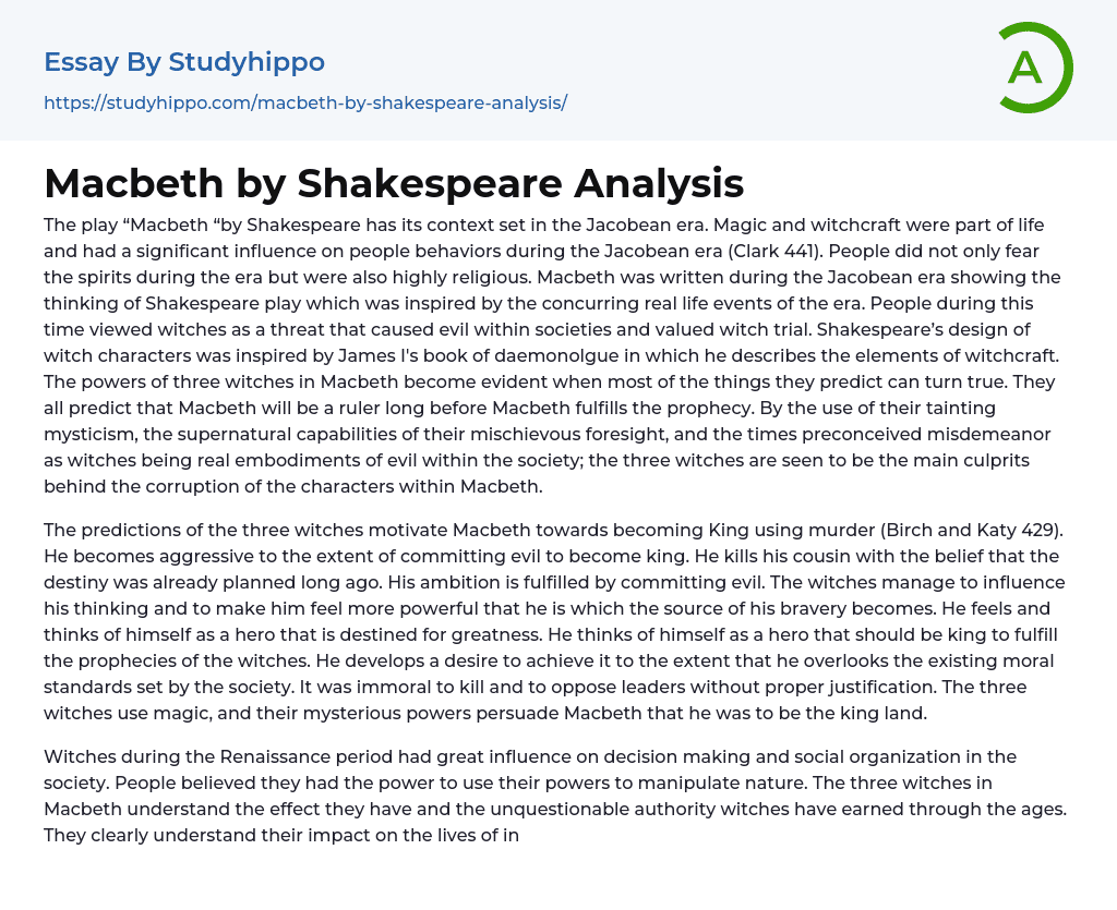 Macbeth by Shakespeare Analysis Essay Example