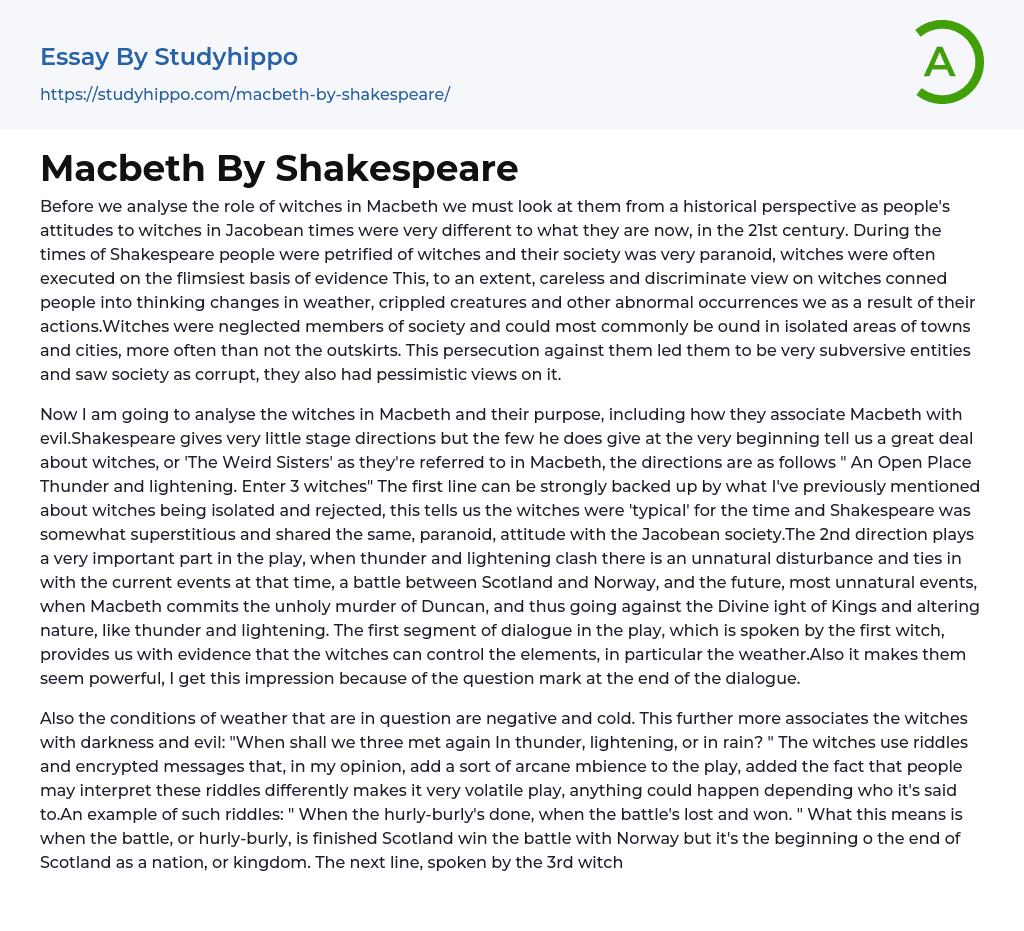 Macbeth By Shakespeare Essay Example