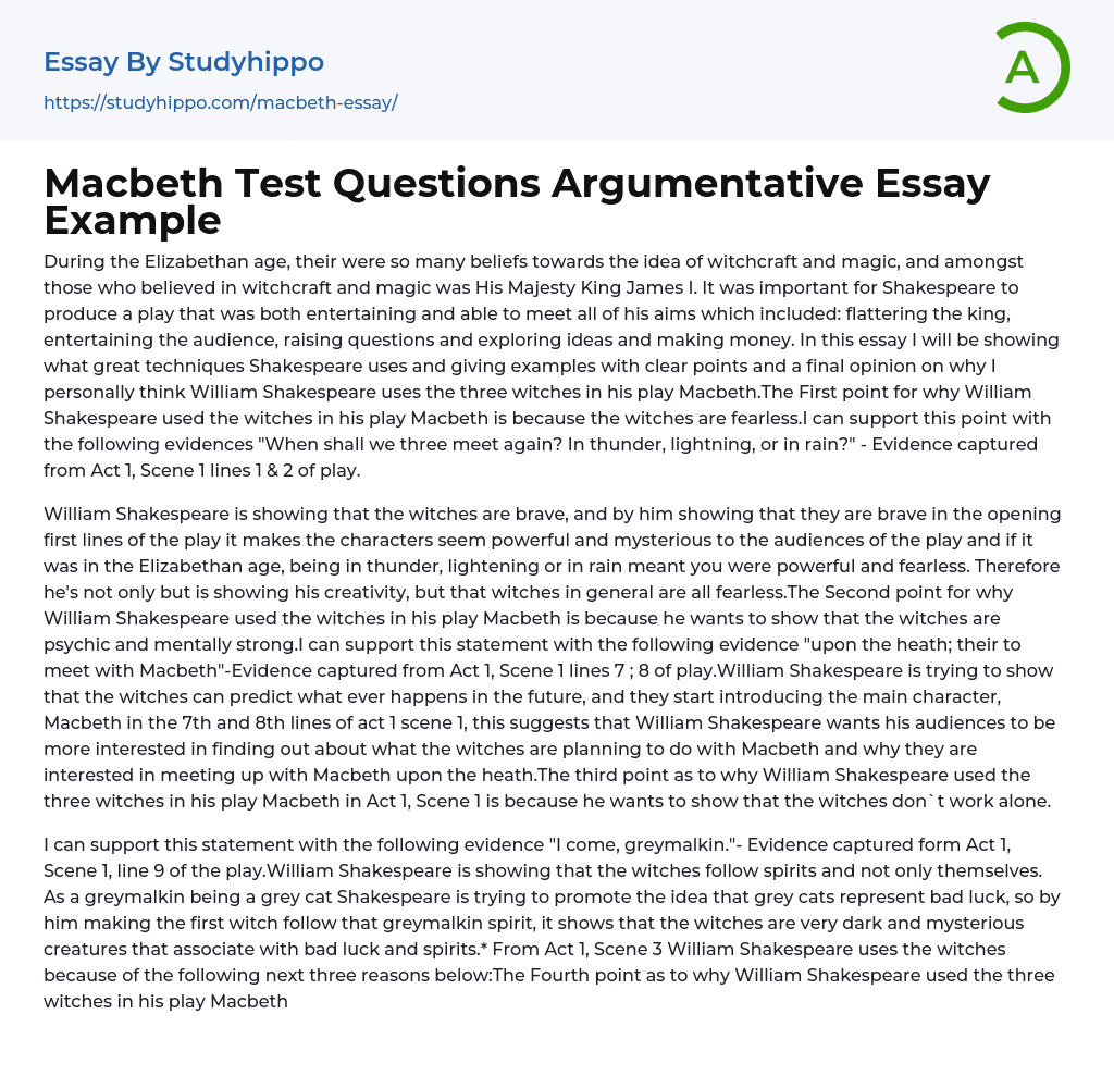 Macbeth Test Questions Argumentative Essay Example