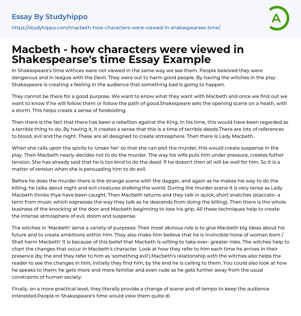 Macbeth – how characters were viewed in Shakespearse’s time Essay Example