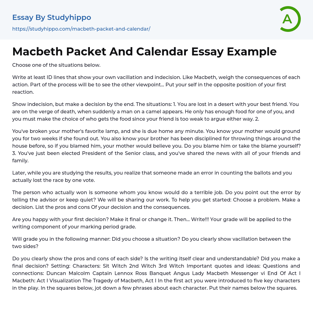 Macbeth Packet And Calendar Essay Example