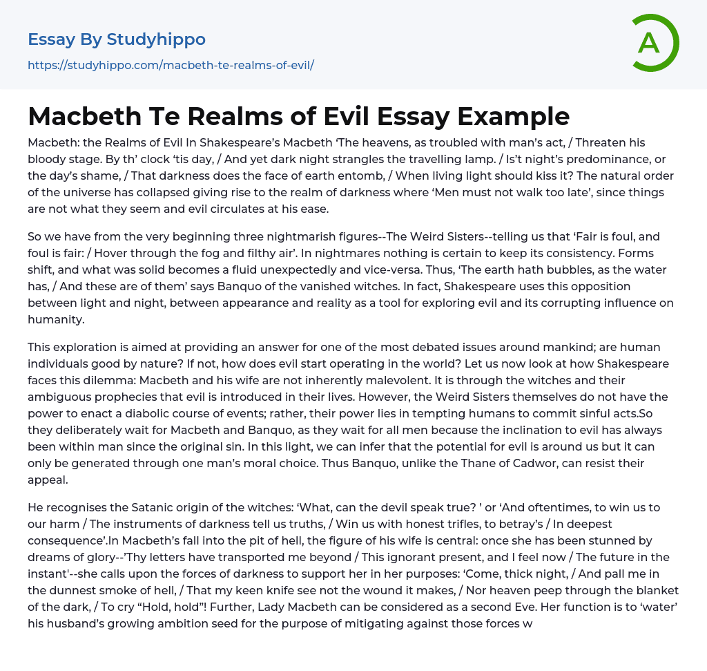 Shakespeare’s: Macbeth Te Realms of Evil Essay Example