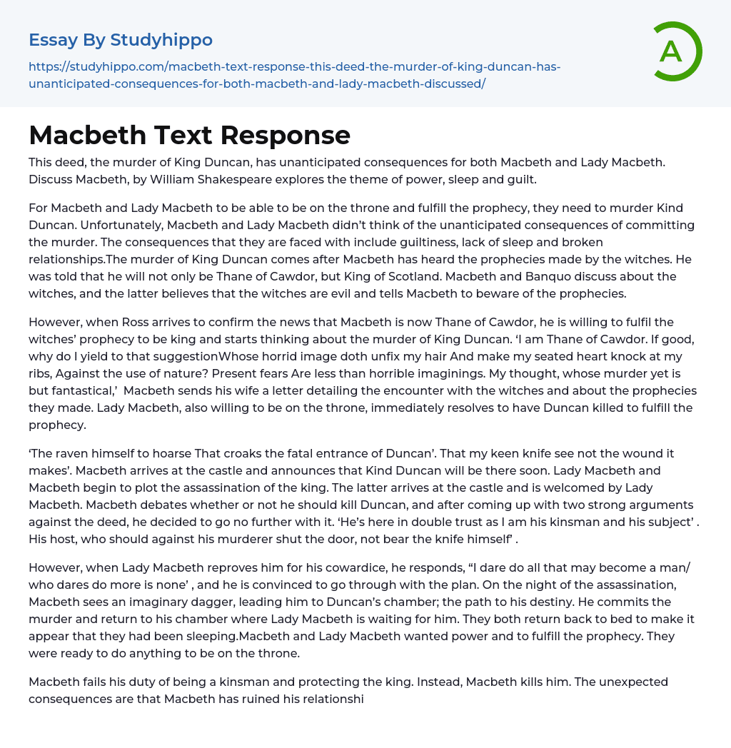 Macbeth Text Response Essay Example