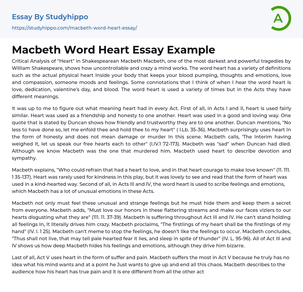 Macbeth Word Heart Essay Example