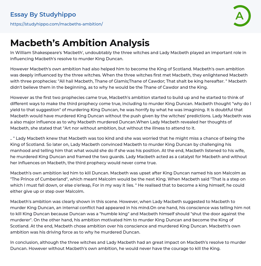 Macbeth’s Ambition Analysis Essay Example