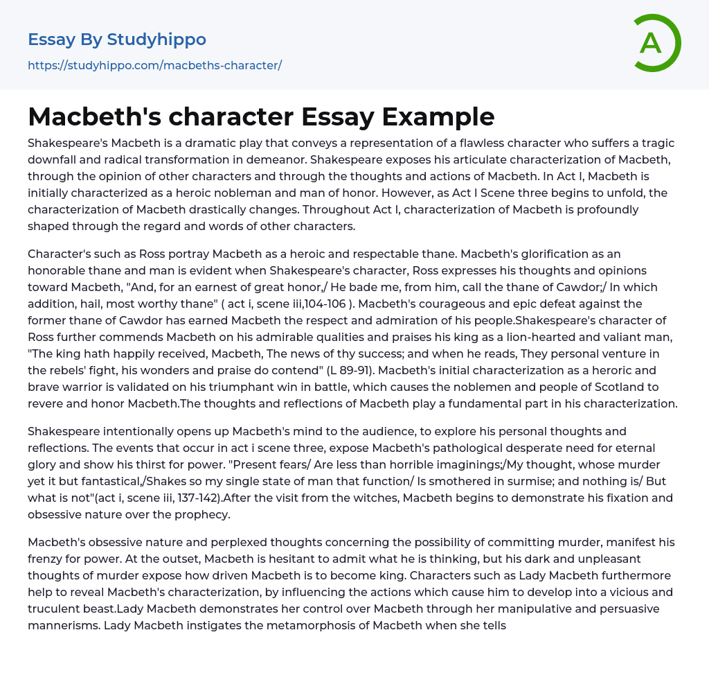 Macbeth’s character Essay Example