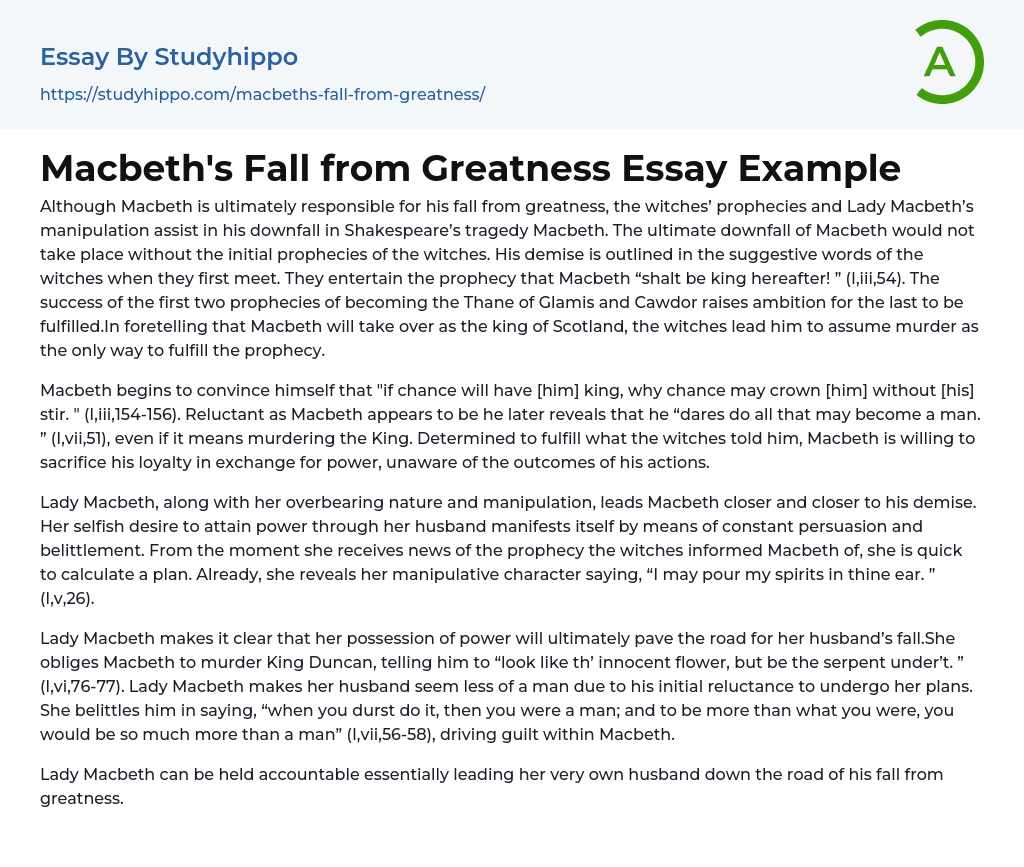 Macbeth’s Fall from Greatness Essay Example
