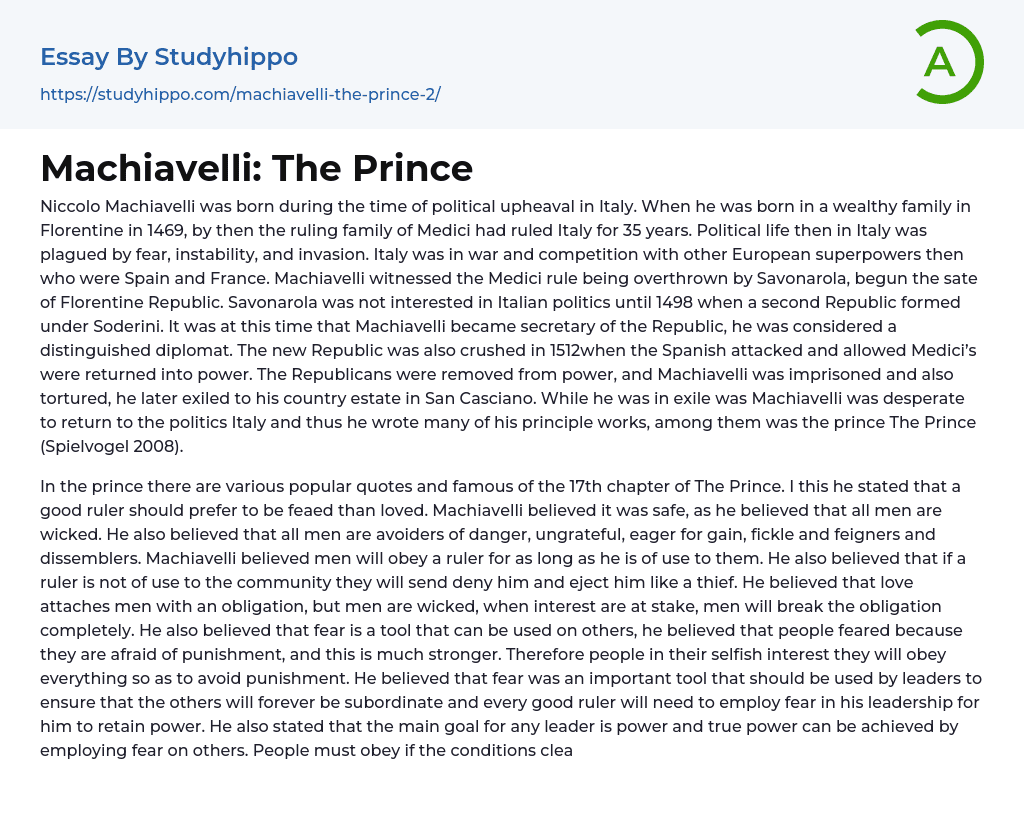 Machiavelli: The Prince Essay Example