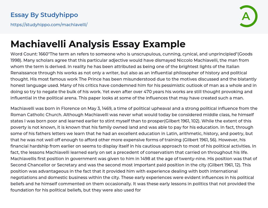 Machiavelli Analysis Essay Example