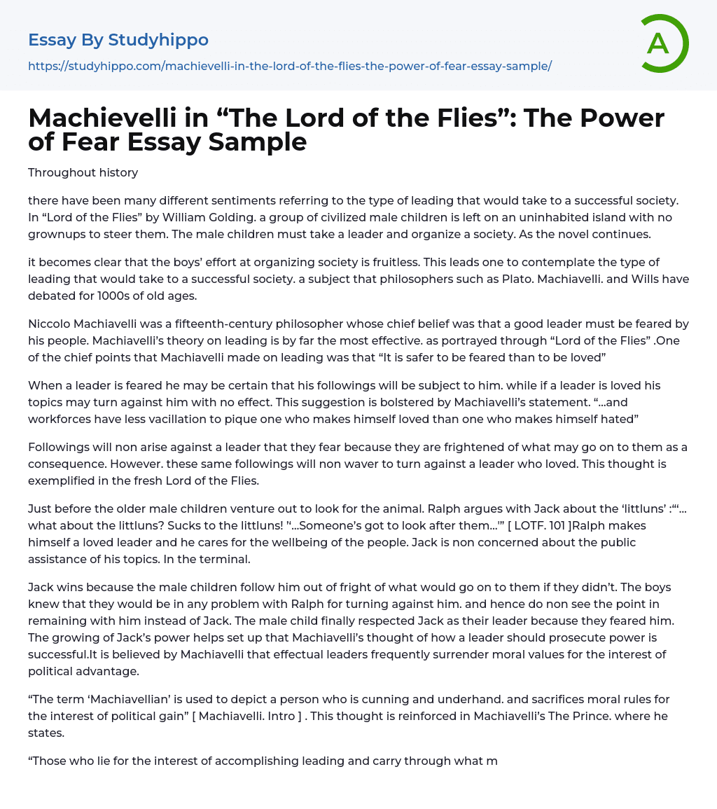 Machievelli in “The Lord of the Flies”: The Power of Fear Essay Sample