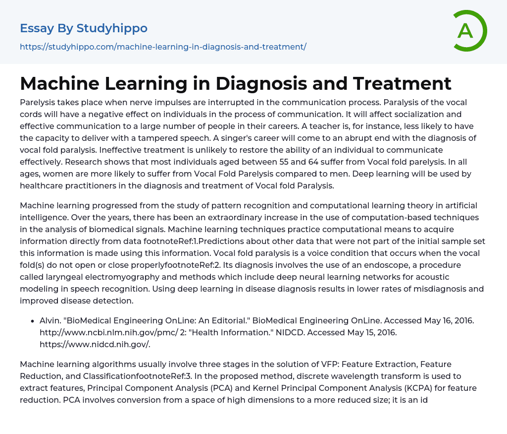 Machine Learning in Diagnosis and Treatment Essay Example