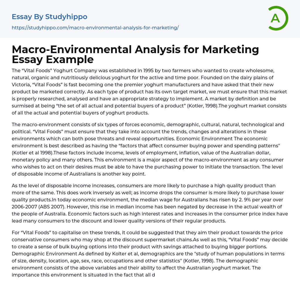 Macro-Environmental Analysis for Marketing Essay Example