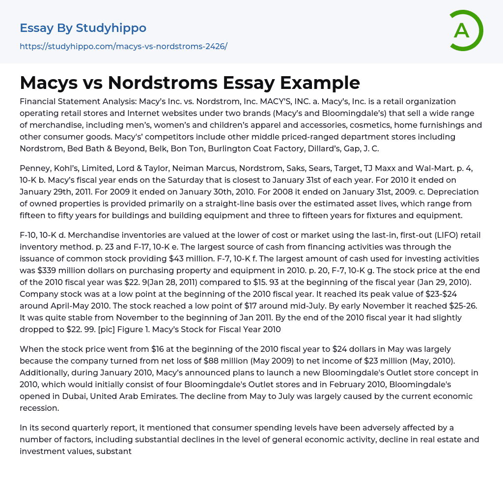 Financial Statement Analysis: Macy’s Inc. vs. Nordstrom, Inc. MACY’S, INC. Essay Example