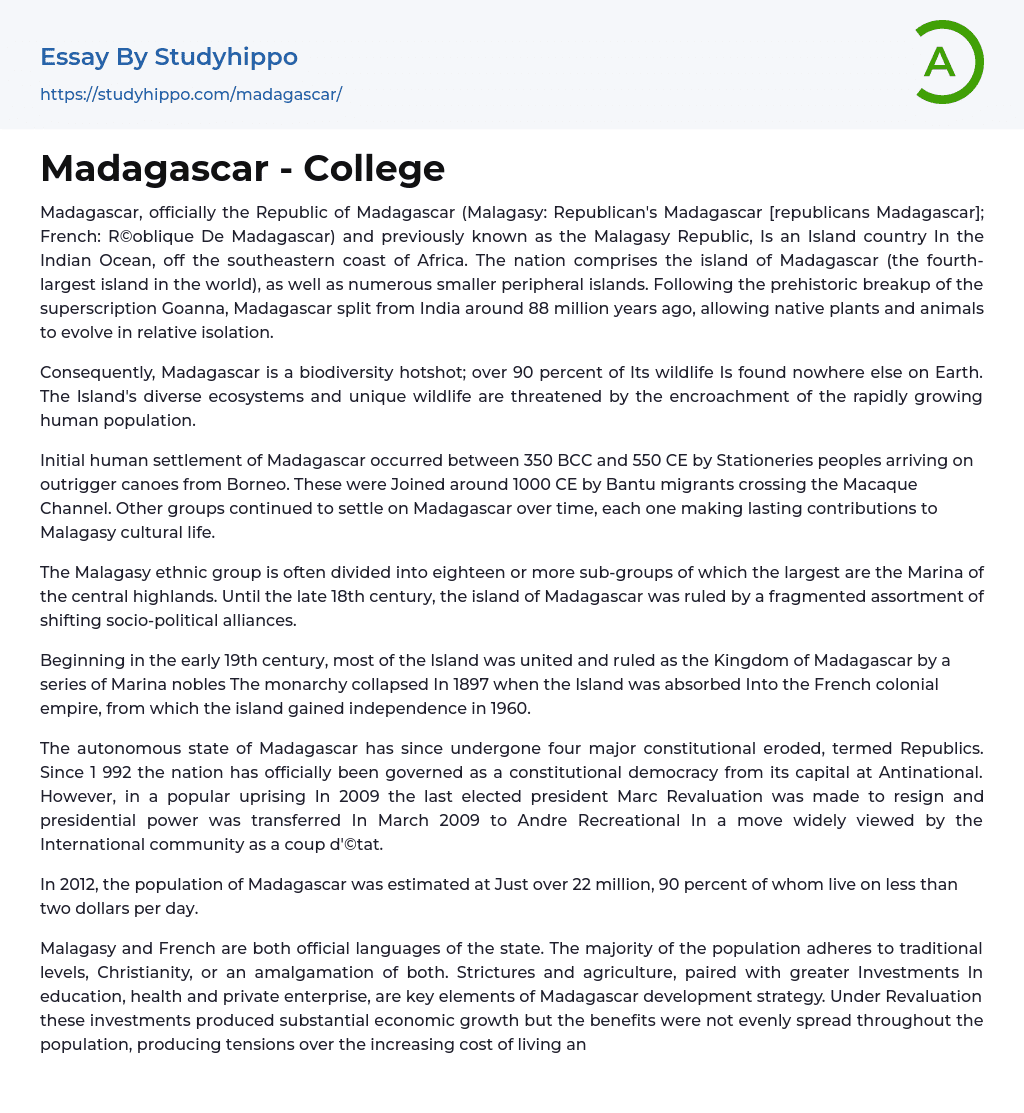 Madagascar – College Essay Example