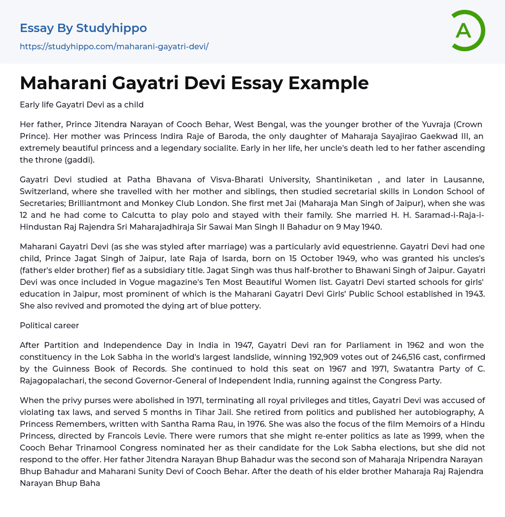 Maharani Gayatri Devi Essay Example