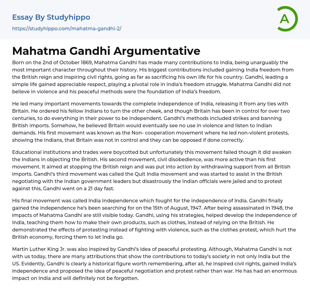 Mahatma Gandhi Argumentative Essay Example
