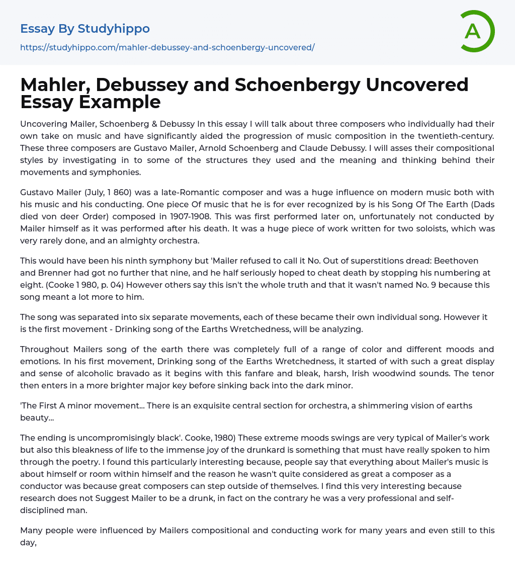 Mahler, Debussey and Schoenbergy Uncovered Essay Example