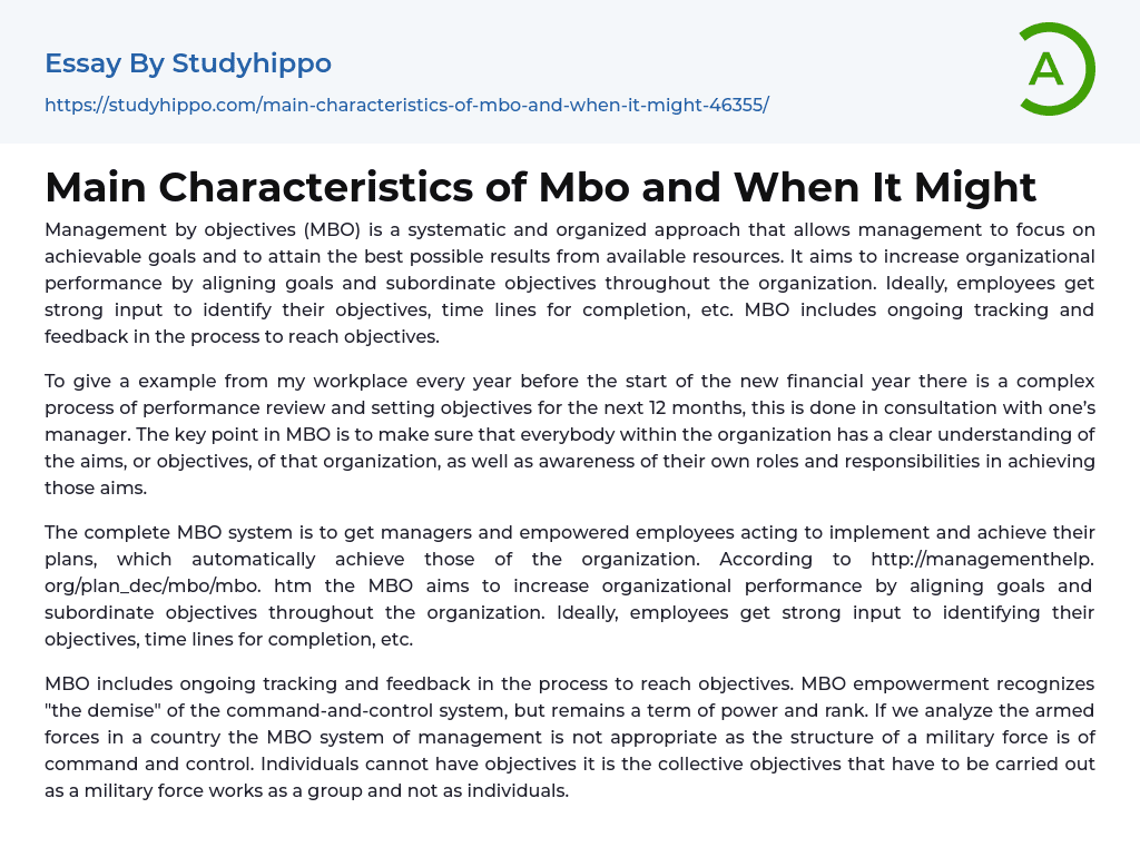 Main Characteristics of Mbo and When It Might Essay Example