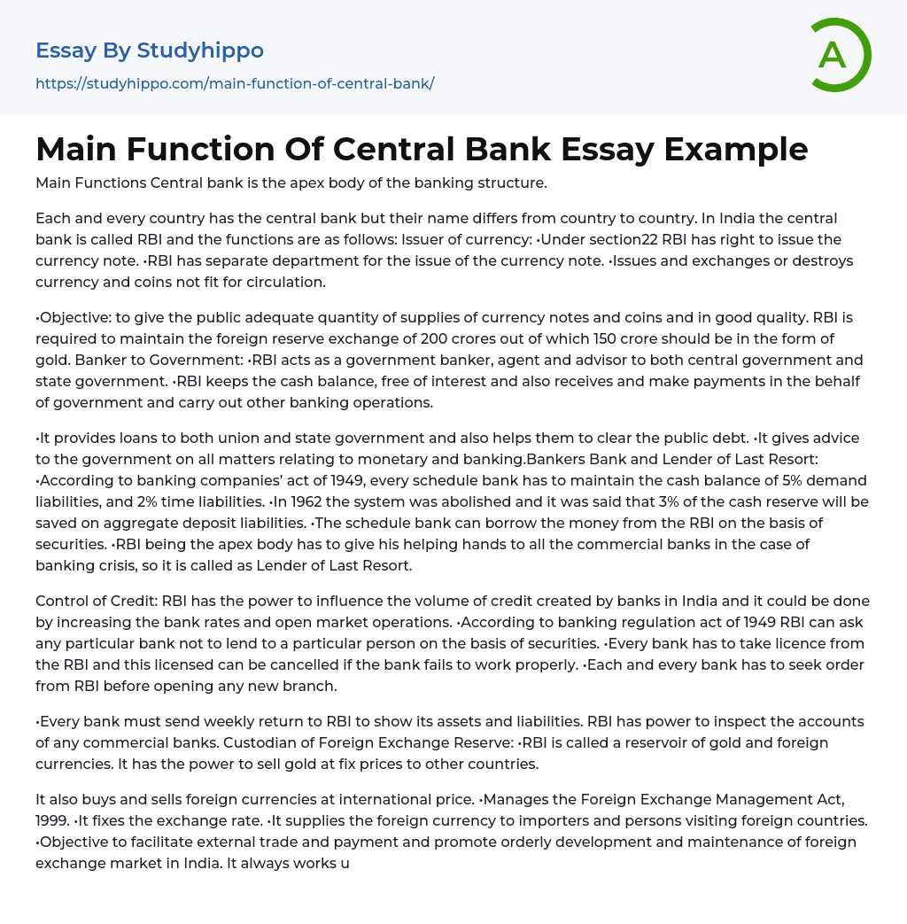 Main Function Of Central Bank Essay Example