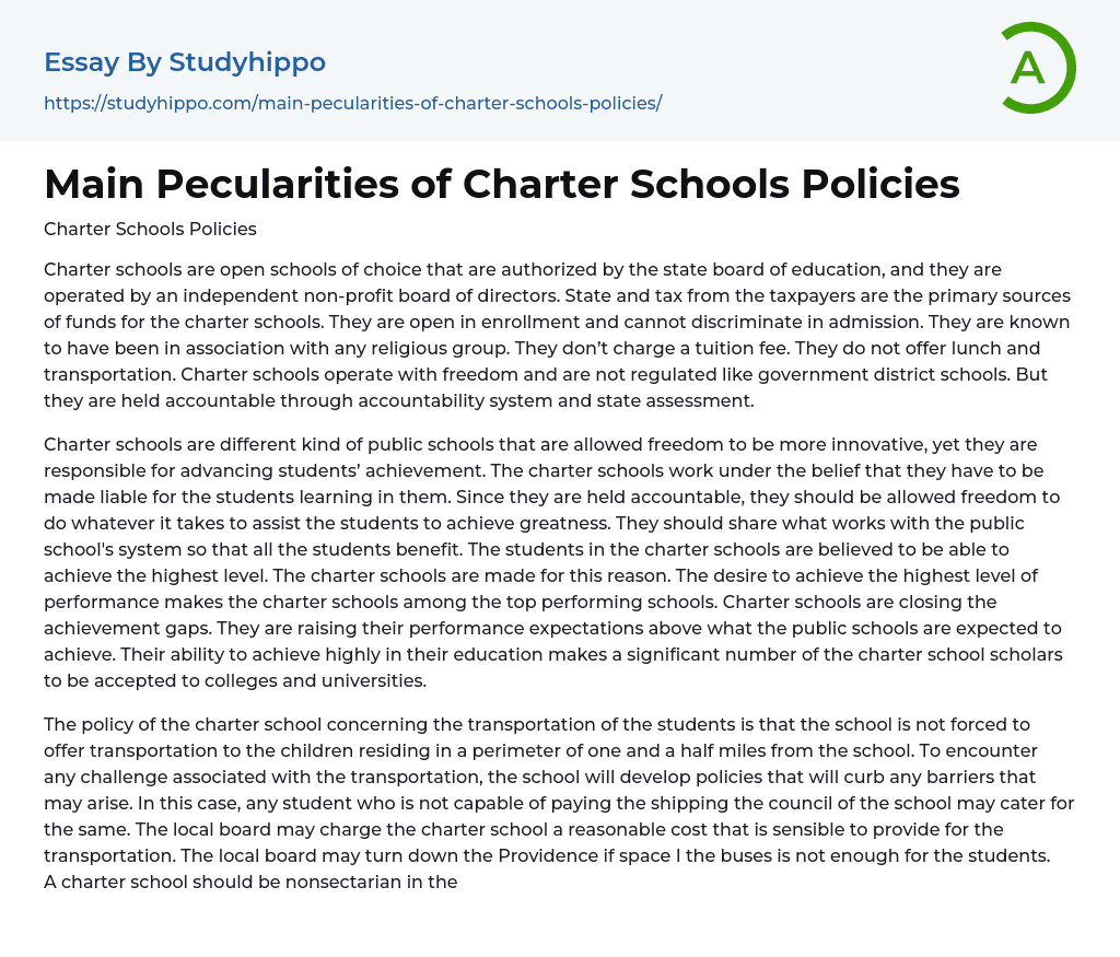 Main Pecularities of Charter Schools Policies Essay Example
