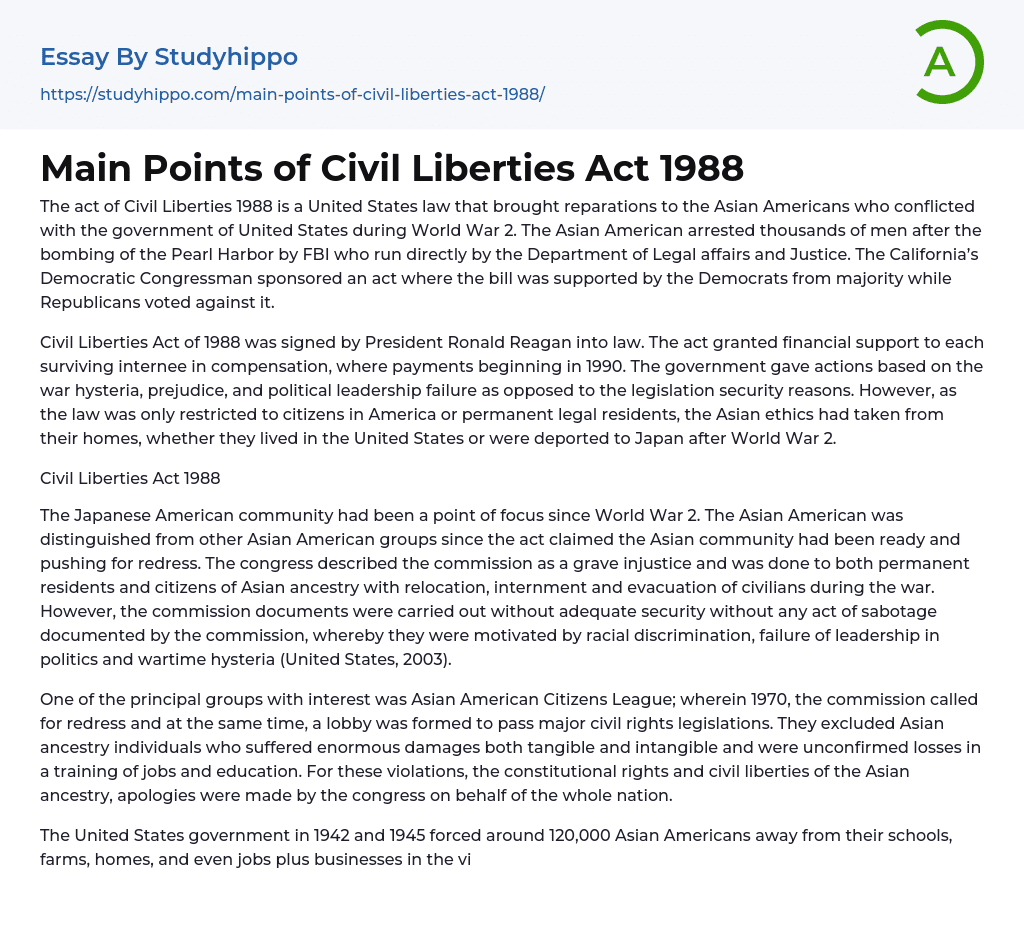 Main Points of Civil Liberties Act 1988 Essay Example