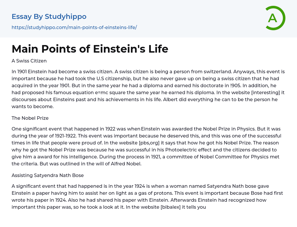 Main Points of Einstein’s Life Essay Example