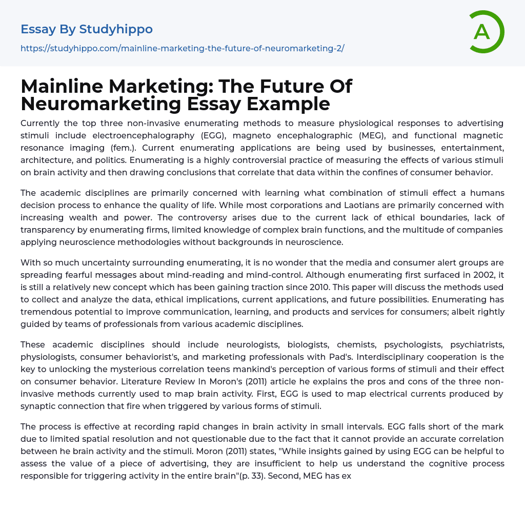 Mainline Marketing: The Future Of Neuromarketing Essay Example