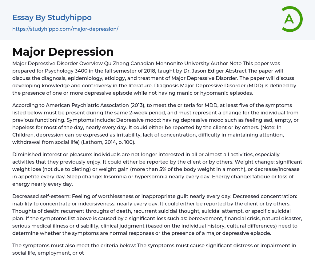 Major Depression Essay Example