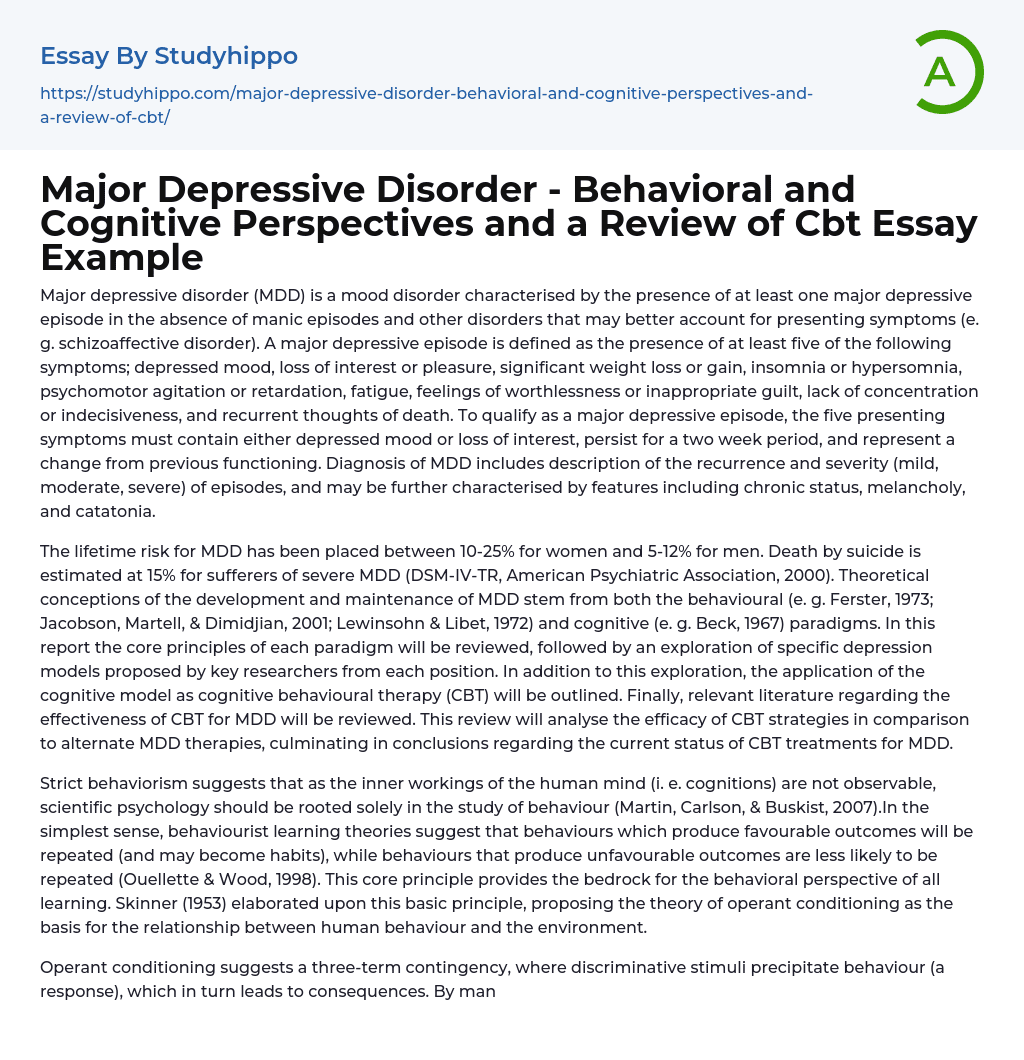 Major Depressive Disorder Behavioral And Cognitive Perspectives And A 