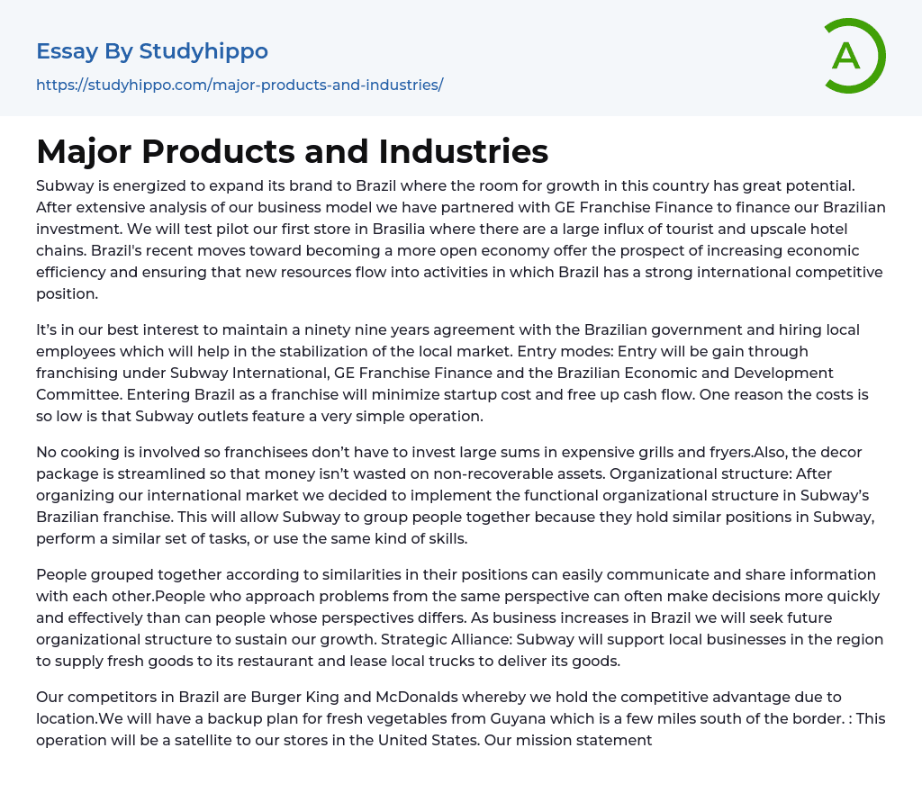 Major Products and Industries Essay Example