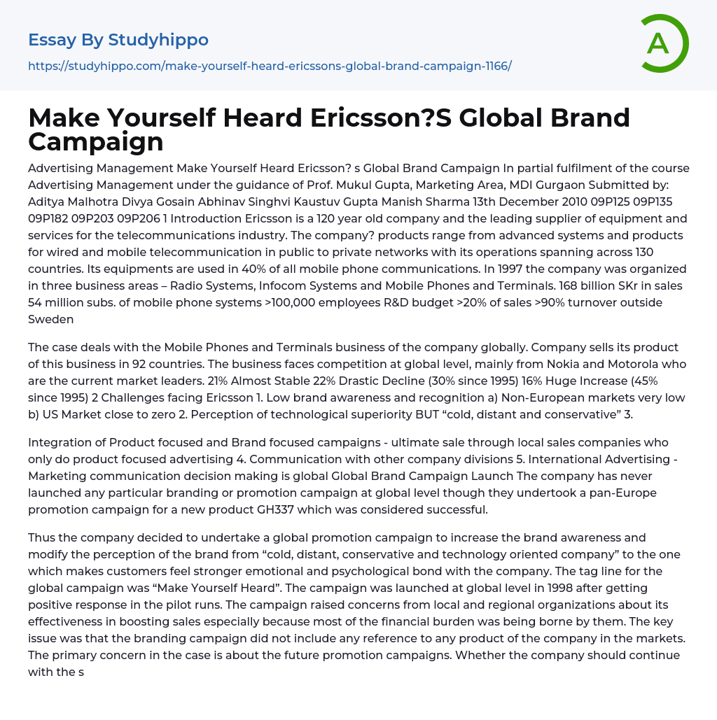 Make Yourself Heard Ericsson?S Global Brand Campaign Essay Example