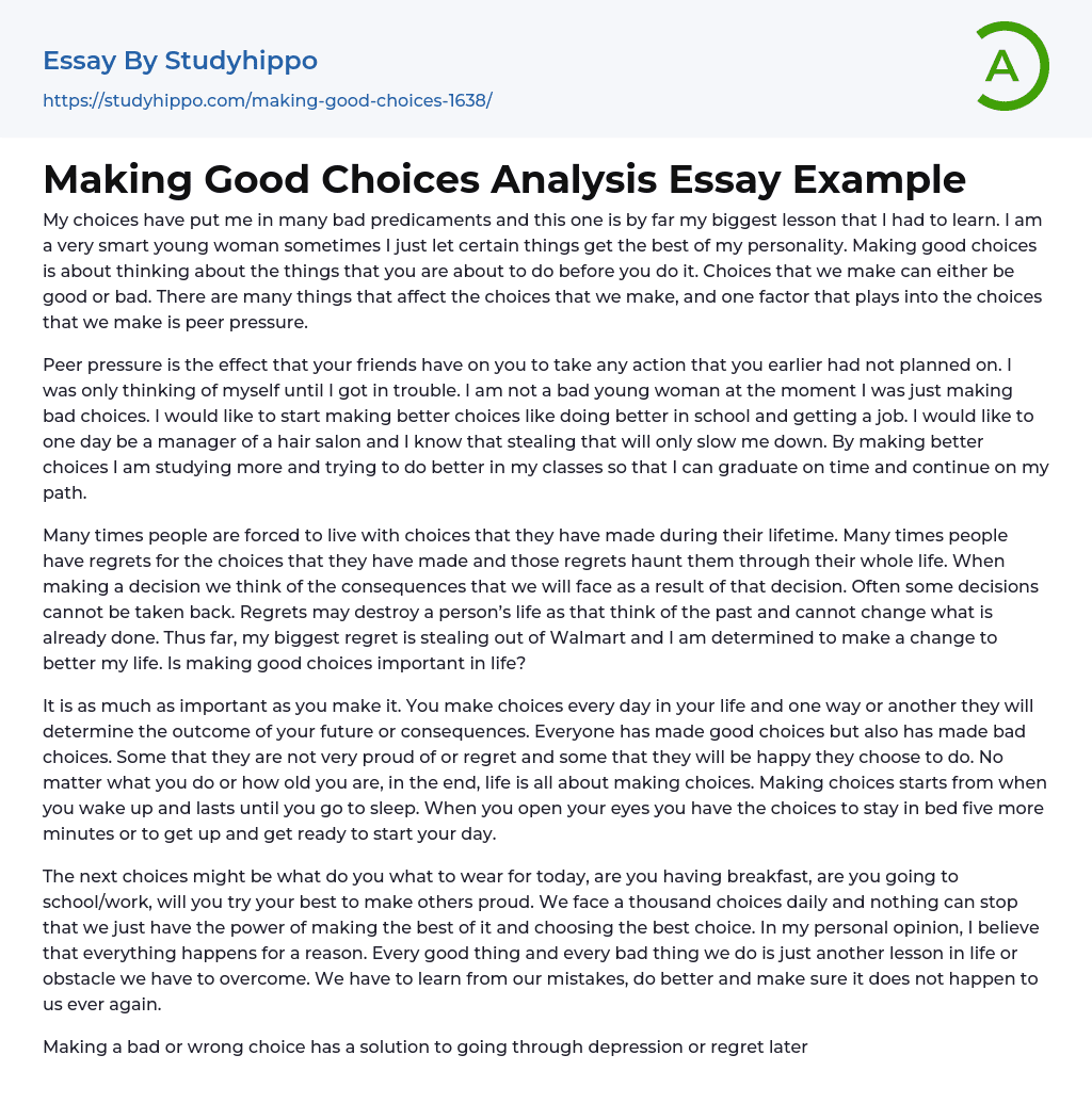 Making Good Choices Analysis Essay Example