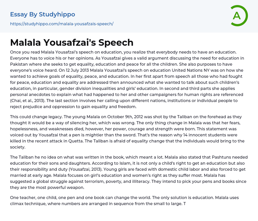 Malala Yousafzai’s Speech Essay Example