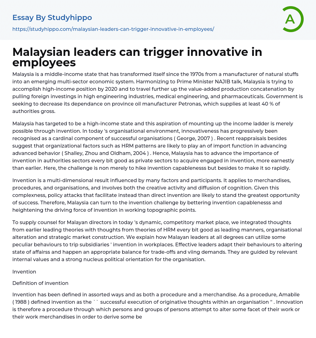 Malaysian leaders can trigger innovative in employees Essay Example