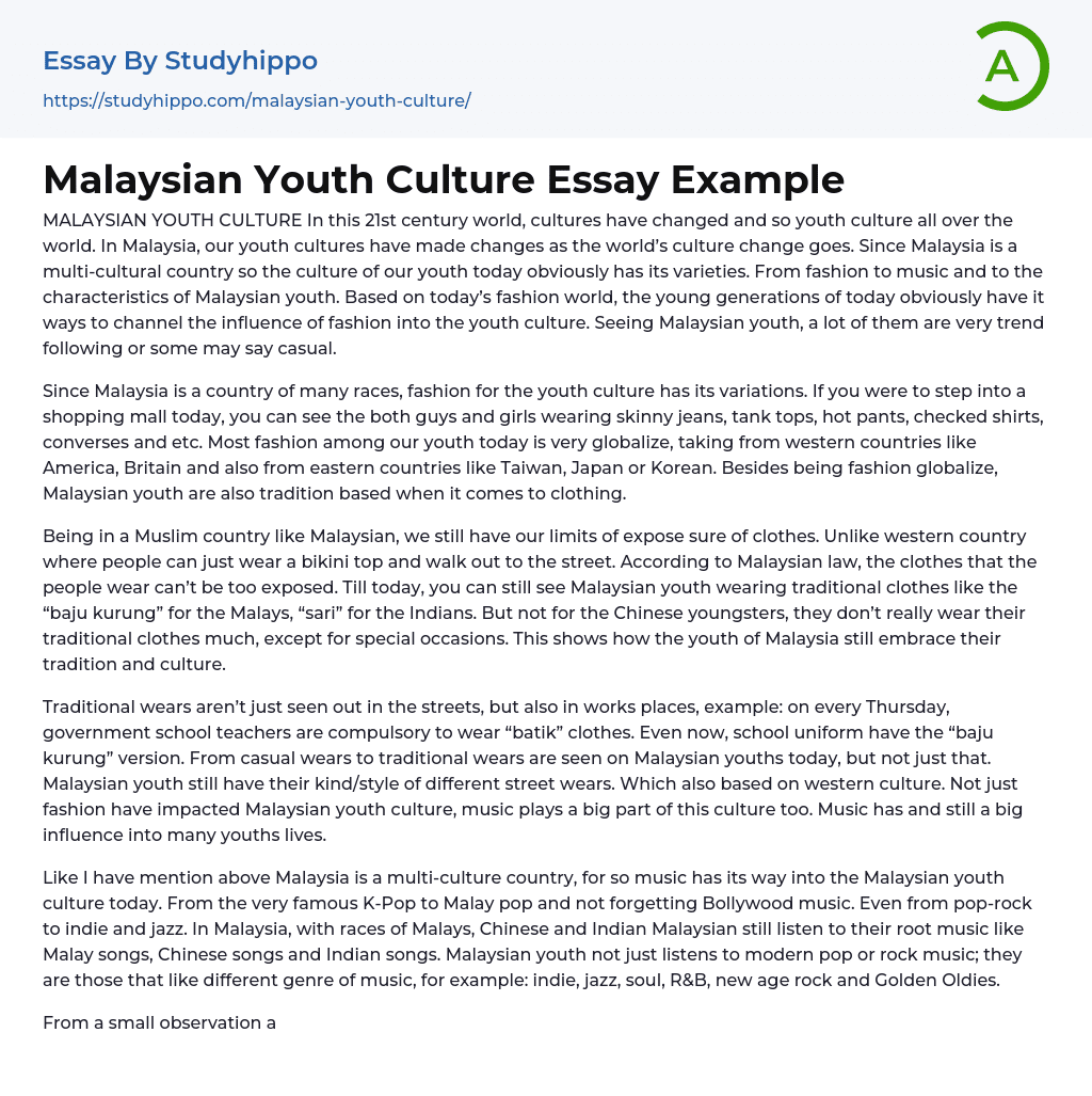Malaysian Youth Culture Essay Example